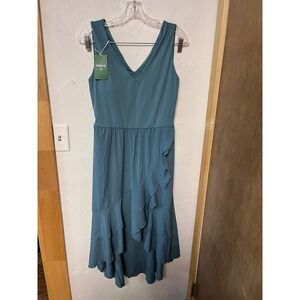 Halara Womens Large Teal Blue Ruffle High Low Cutout Back Athleisure Dress NWT